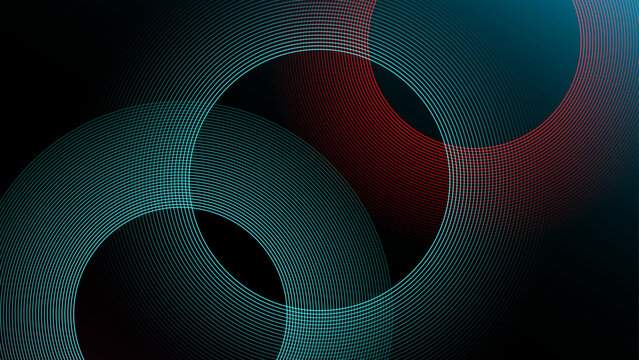 High tech visual concept featuring intricate cyan and red thin line circles intersecting over a black background to simulate digital connectivity or data flow