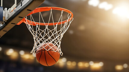 Fototapeta premium A basketball going through a hoop in a professional basketball court with bright lights