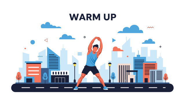 Athletic man performs stretching exercises for a warm up session on a city street with modern buildings and a clear blue sky background.