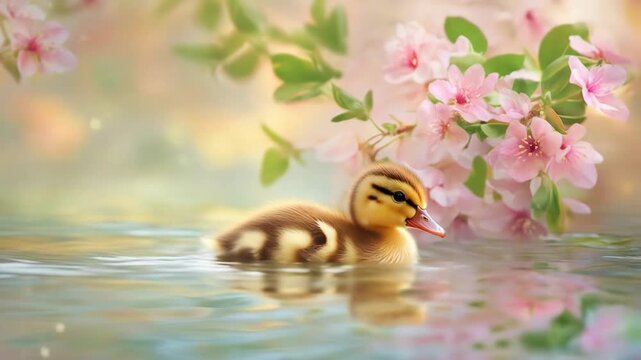 Duckling swimming on water with floral background daylight scene