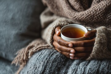 Close up unwell person resting on sofa under a soft blanket, hands holding hot tea, quiet moment of flu recovery and emotional comfort at home, perfect for wellness, immunity, and rest therapy concept