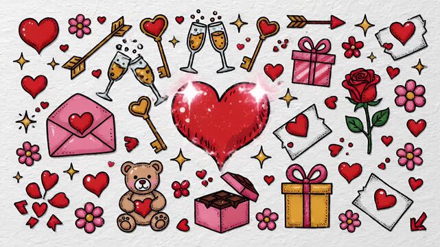 Valentine's Day Doodle Collection - This video features a variety of hand-drawn style doodles perfect for Valentine's Day, including hearts, flowers, a teddy bear, gifts, and champagne glasses.