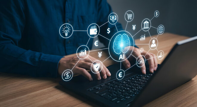businessman working on laptop with virtual artificial intelligence brain interface managing global financial data fintech icons and futuristic digital economy network systems - Powered by Adobe