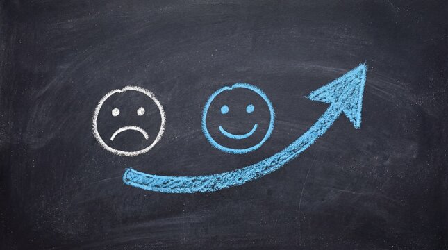 Depicting the journey from dissatisfaction to ultimate customer satisfaction, illustrated by sad and happy emoji faces connected by a blue upward arrow on a dark chalkboard