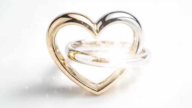 Interlocking Heart Rings - A close-up shot displays two interlocking rings, one gold and one silver, shaped into hearts.