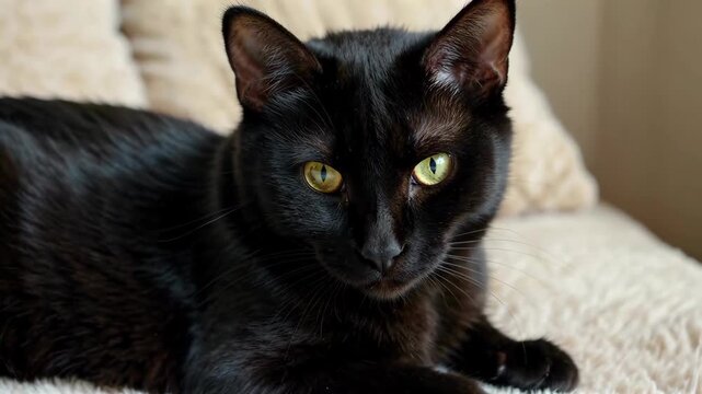 Black cat lying on plush sofa