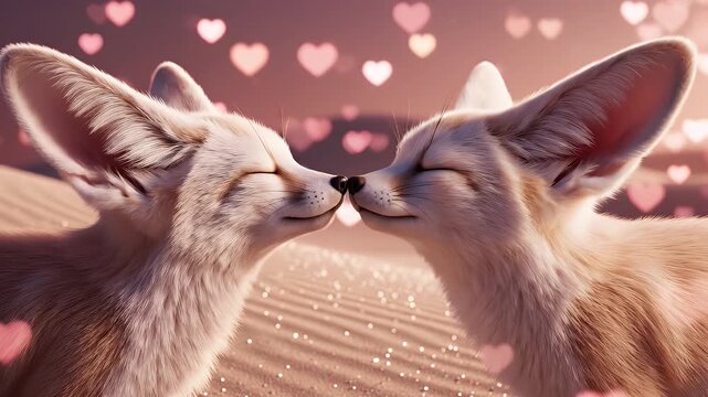 Fennec Foxes in Love - Two fennec foxes touch noses in a loving manner, their eyes closed in peaceful contentment. Pink hearts float in the background suggesting a romantic scene.
