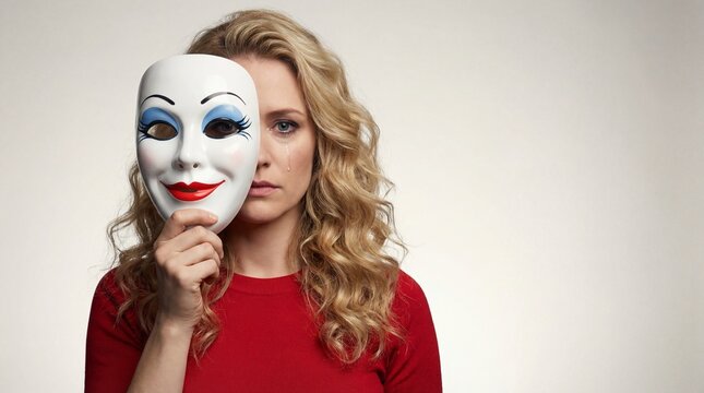 Woman hiding her face behind a smiling mask, conveying a sense of dual personality and hidden emotions