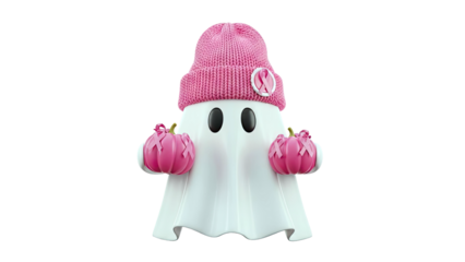 Cute Ghost Character with Pink Breast Cancer Awareness Ribbons
