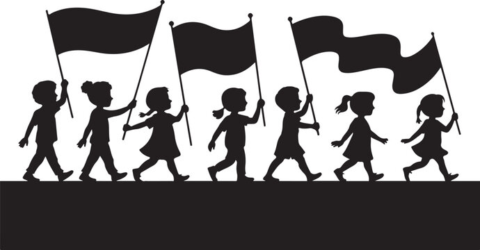Silhouette of children marching with black flags protest
