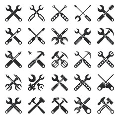 Obraz premium Collection of various tools and equipment icons in black and white illustrations high quality professional detailed