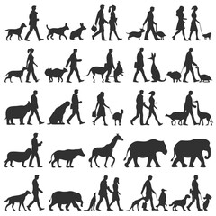 Fototapeta premium silhouette illustrations of people walking with various animals in different poses and sizes high quality professional