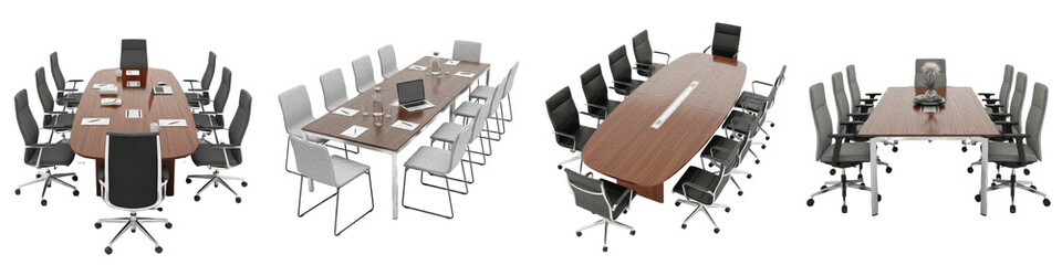 Set of modern office conference tables and chairs isolated on white background, 3D render of boardroom furniture for business meetings