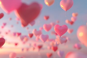 A serene sky filled with numerous pink heart-shaped balloons floating gently in the air during sunset