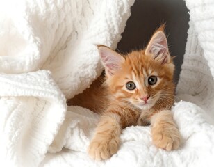 A small orange kitten with white fur on its chest and paws lies on a white blanket