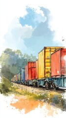 Fototapeta premium A vibrant watercolor illustration of colorful freight train containers on tracks, surrounded by lush greenery and a cloudy sky.