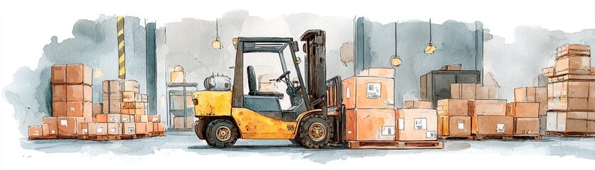 A colorful illustration of a forklift maneuvering boxes in a warehouse, showcasing an organized space filled with stacked packages.