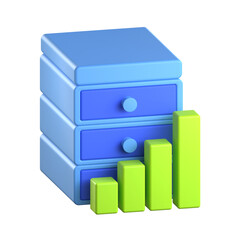 A high-quality 3D illustration of a blue server cabinet or drawers with a green bar chart representing storage capacity and volume