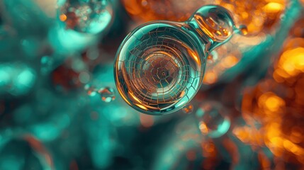 Central Turquoise Bubble with Geometric Internal Structure Floating in an Abstract Amber Liquid World Macro Photography