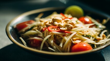 Fresh and Vibrant Papaya Salad with Cherry Tomatoes and Peanuts against a Dark Background