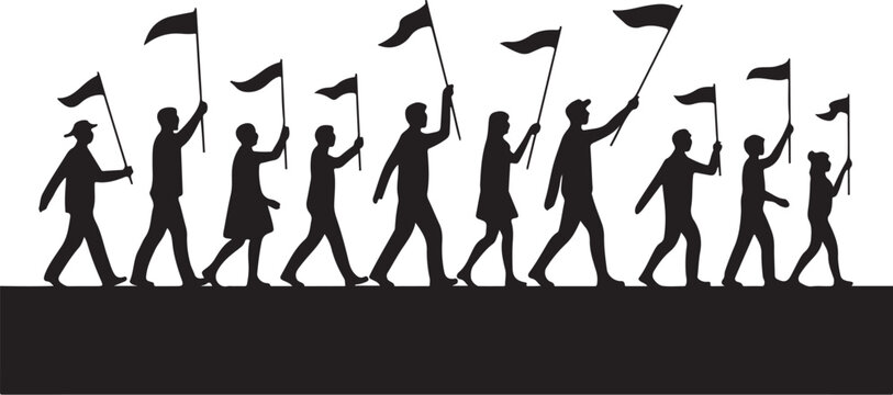 Silhouette of people marching with flags black