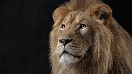 Fototapeta premium Majestic Lion Portrait with Striking Mane Against Dark Background