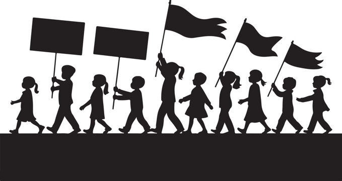 Silhouette of people marching with signs and flags