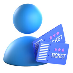 A 3D figure representing a customer or seller holding two purple sales tickets with stars