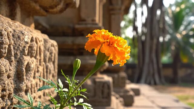 Close-up of a vibrant orange marigold flower growing beside ancient stone
