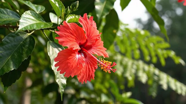 Vibrant red hibiscus flower blooming amidst lush green foliage in bright