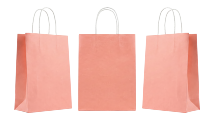 Three Peach Paper Shopping Bags Isolated on White Background