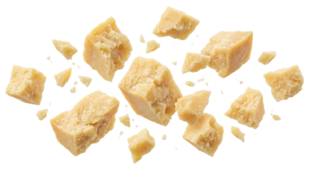 Scattered Parmesan Cheese Chunks Isolated on White Background