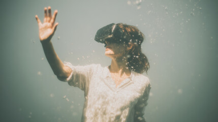 Virtual reality woman headset underwater technology immersive adult caucasian futuristic exploration simulation digital gadget innovation fantasy