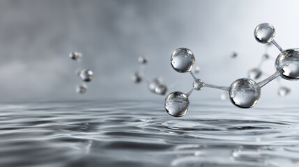 Molecule water surface liquid science chemistry abstract reflection technology clean concept with glossy D molecules floating above rippled water