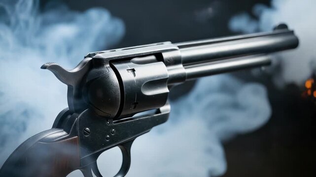 Close-up of a smoking revolver gun, vintage firearm with smoke after firing