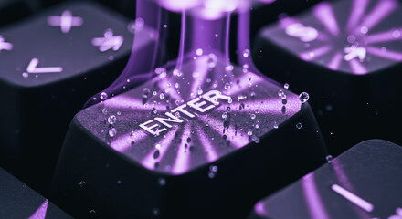 Macro shot of the Enter key on a keyboard with intense purple light, digital liquid effect, and futuristic technology concept