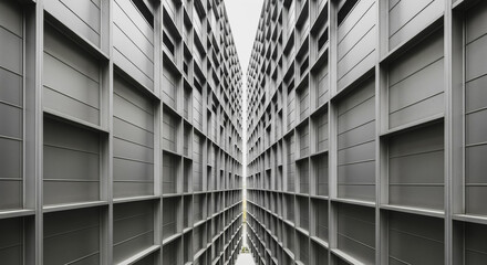 Striking low-angle perspective of modern corporate building facade featuring extreme geometric repetition and symmetrical gray metal panels.