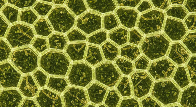 Microscopic view of green biological cellular structure with polygonal cell walls and organic matter inside, abstract science background, seamless biological texture