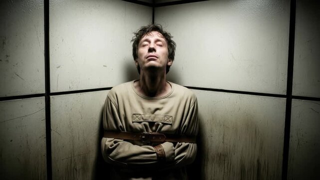 Distressed man in straitjacket looks up in a grimy, stark room