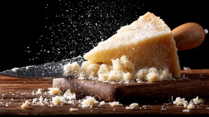 Close-Up of Grated Parmesan Cheese on Wooden Board with Shining Grater in Dark Background Capturing Culinary Art and Delicious Flavor for Cooking Enthusiasts