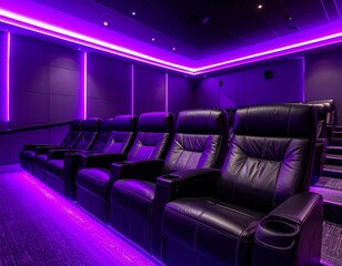 Fototapeta na wymiar Luxurious Home Theater with Purple Lighting and Comfortable Leather Seating.