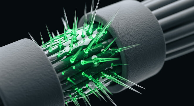 Abstract 3D rendering of a damaged data cable or nerve fiber showing glowing green spikes emerging, symbolizing digital security threat, corruption, or viral attack on a microscopic level. - Powered by Adobe