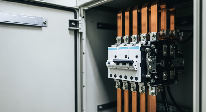 Close-up view of industrial circuit breakers and copper busbars inside an electrical distribution panel, demonstrating power infrastructure and safety devices.