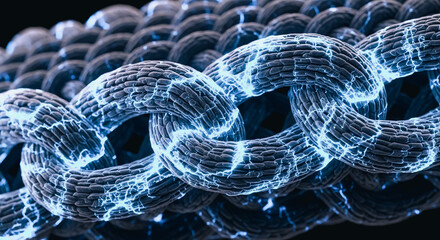 Close-up of digital blockchain link structure illuminated by glowing blue electric energy, representing data security, network connection, and cryptocurrency technology