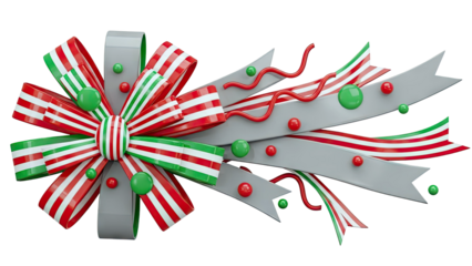 Festive bow with red, green, and white striped ribbons and spheres