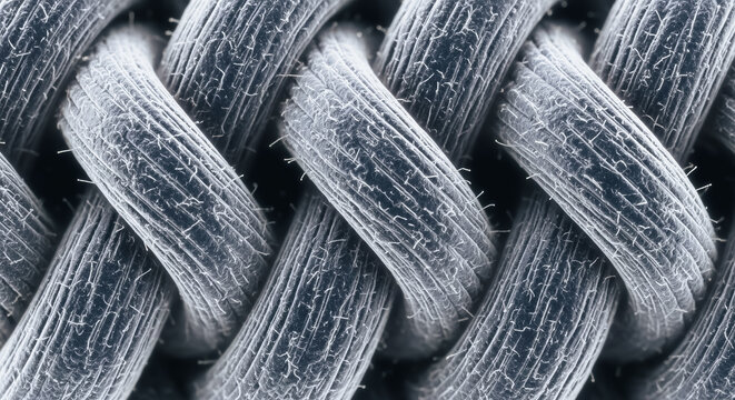 High magnification microscopic image of interwoven rope fibers, showing braided textile structure and detailed surface texture.