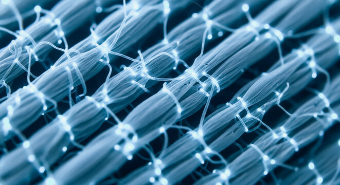 Highly magnified view of glowing textile fibers, woven structure close-up, illustrating smart fabric, material technology, and microscopic texture.