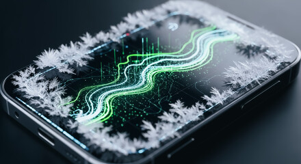 Icy smartphone screen with glowing green lines, representing cold weather performance, battery optimization, or thermal technology in winter
