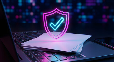 cyber security concept with glowing neon shield and checkmark icon hovering over a laptop keyboard for data protection network safety privacy and encrypted internet encryption