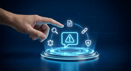 businessman hand pointing at glowing blue digital alert icon on futuristic platform with notification symbols for system security monitoring risk management and data protection